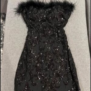 Elegant Black Sequin Dress with Feather Trim